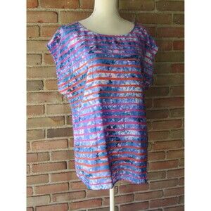 Banana Republic Blouse Womens XL Striped Floral Short Sleeve Button Neck